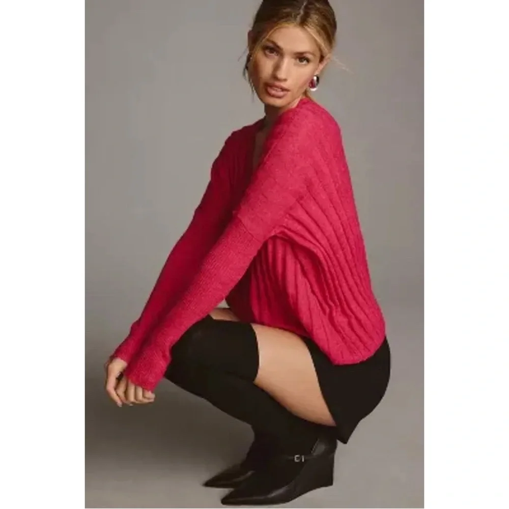 Anthropologie Pilcro V-Neck Boxy Rib Wool Blend Sweater‎ in Pink